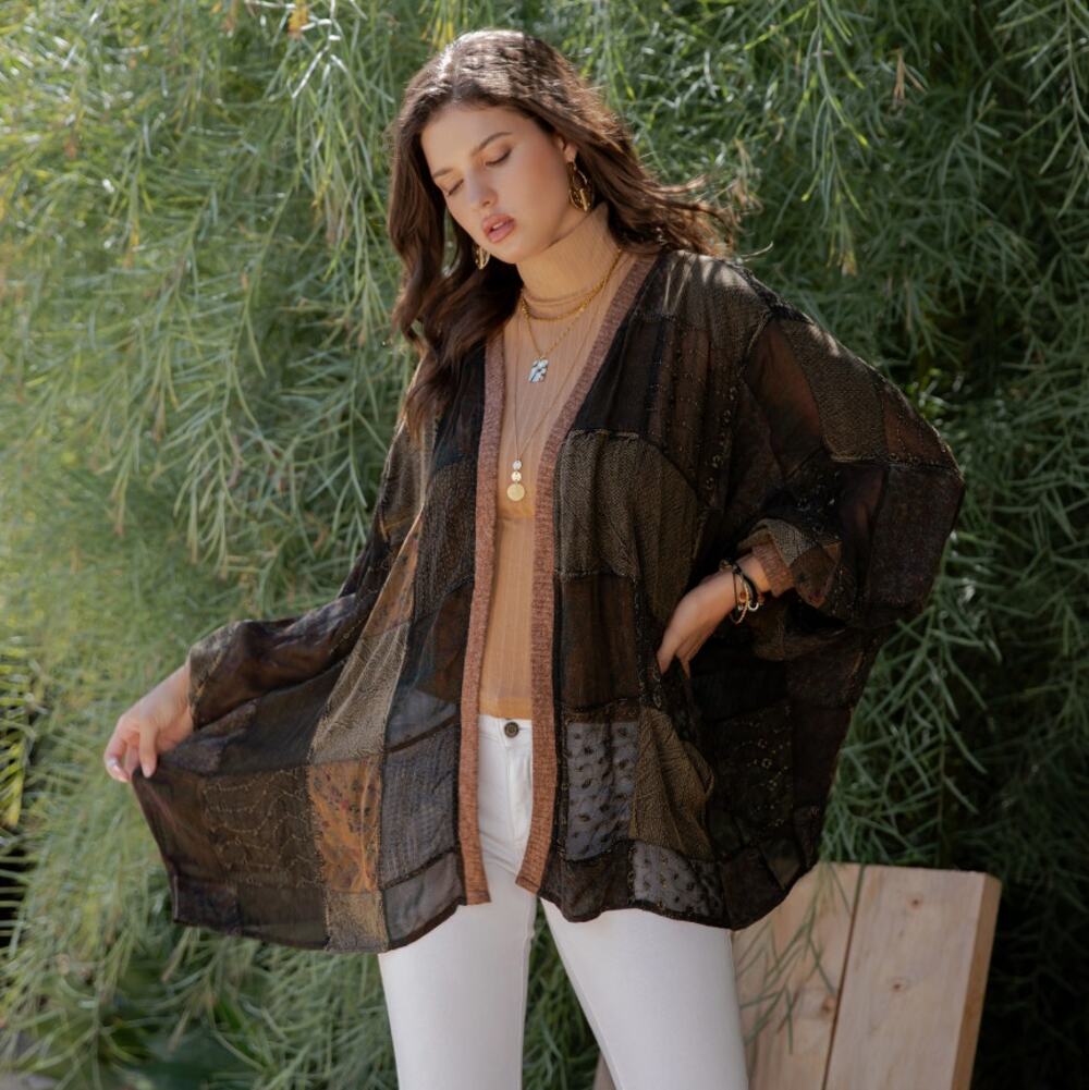 Young Threads Brown Patchwork Georgette Kimono Shrug Cardigan XL - Artisan Luxe